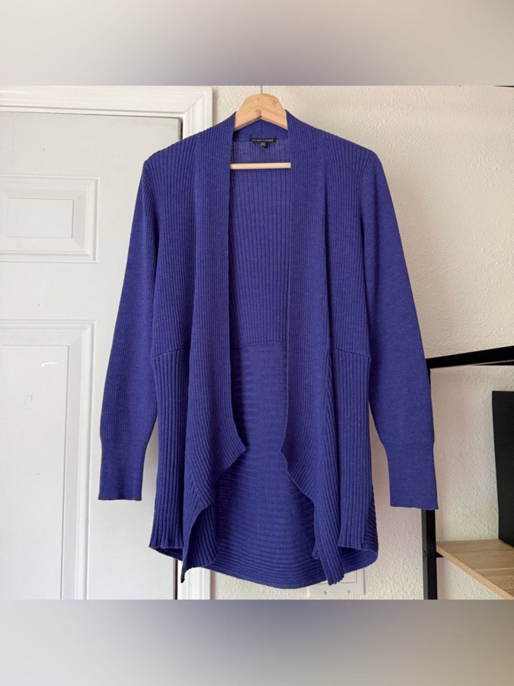 EILEEN FISHER merino wool electric indigo blue ribbed draped cardigan sweater